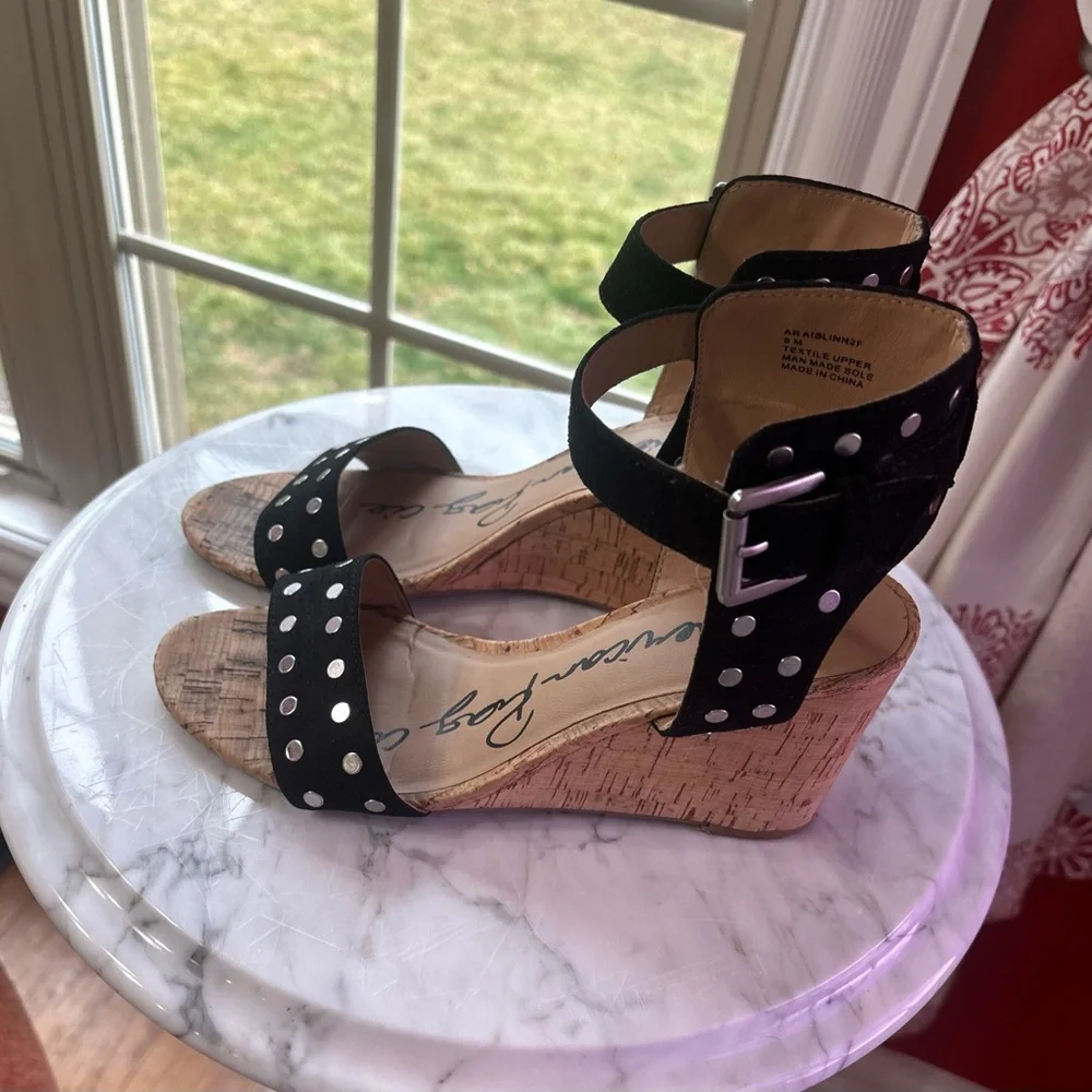 American Rag Black Studded Wedge Sandals Cork Heel Size 8
